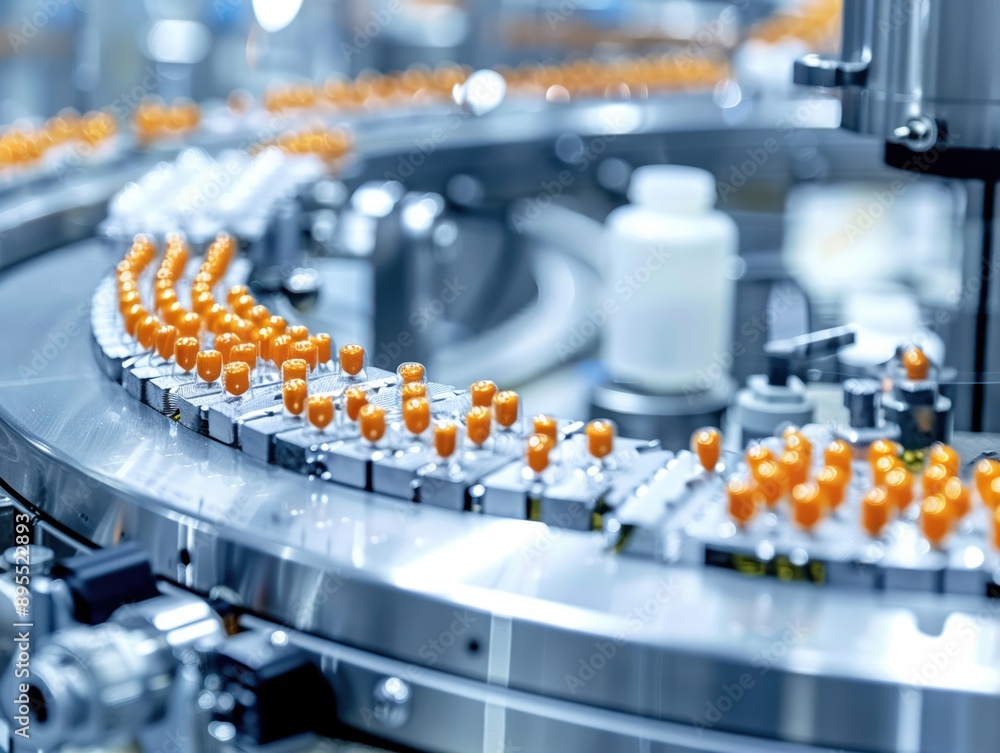 Fototapeta premium Close-up of high-speed capsule filling machine in a supplement manufacturing plant