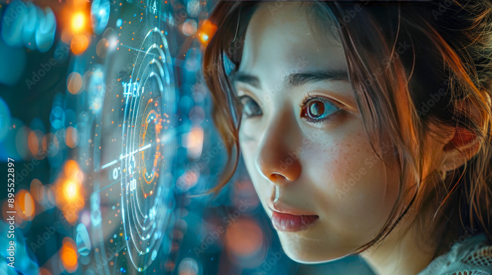 Close-up of a woman looking at a futuristic digital interface with glowing graphics and data on a blurred blue background. Concept of technology and innovation Close-up of a woman looking at a futuristic digital interface with glowing graphics and data on a blurred blue background. Concept of technology and innovation