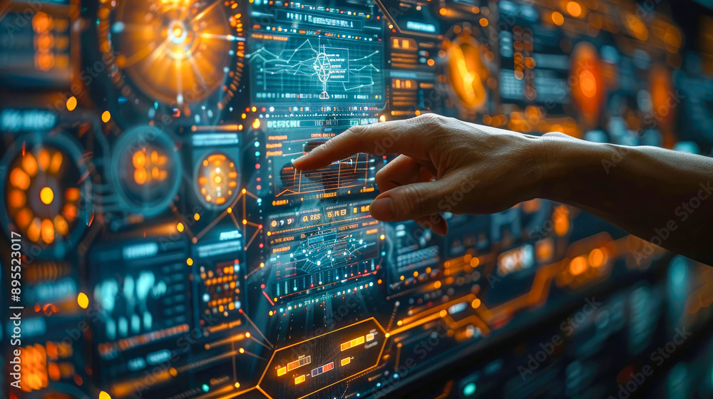 A hand interacts with a high-tech futuristic interface, featuring holographic data and glowing graphics on a dark background. Concept of technology and innovation A hand interacts with a high-tech futuristic interface, featuring holographic data and glowing graphics on a dark background. Concept of technology and innovation