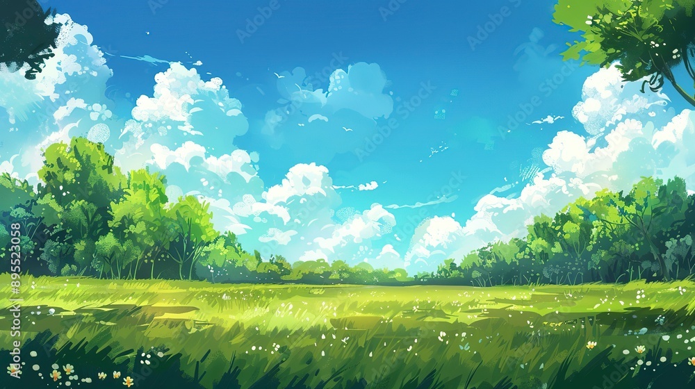Obraz premium 2d illustration of grass field scene, anime background