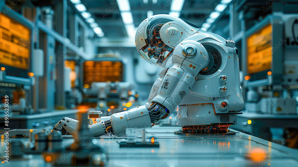 Robotic arm welding metal with sparks flying in an industrial setting Robotic arm welding metal with sparks flying in an industrial setting