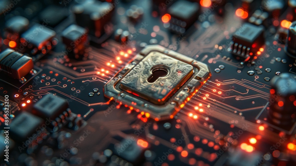 Close-up of secure microchip with glowing lights - generative ai Close-up of secure microchip with glowing lights - generative ai