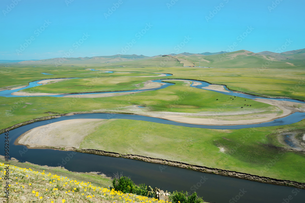 Fototapeta premium Meandering River in Vast Green Plains