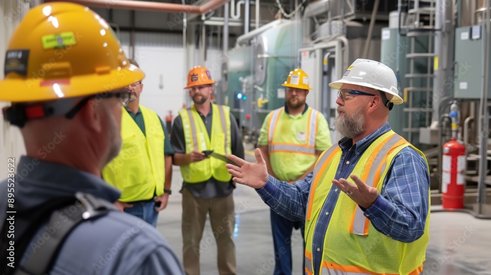 Safety officer leads a compliance training session at a supplement plant Safety officer leads a compliance training session at a supplement plant