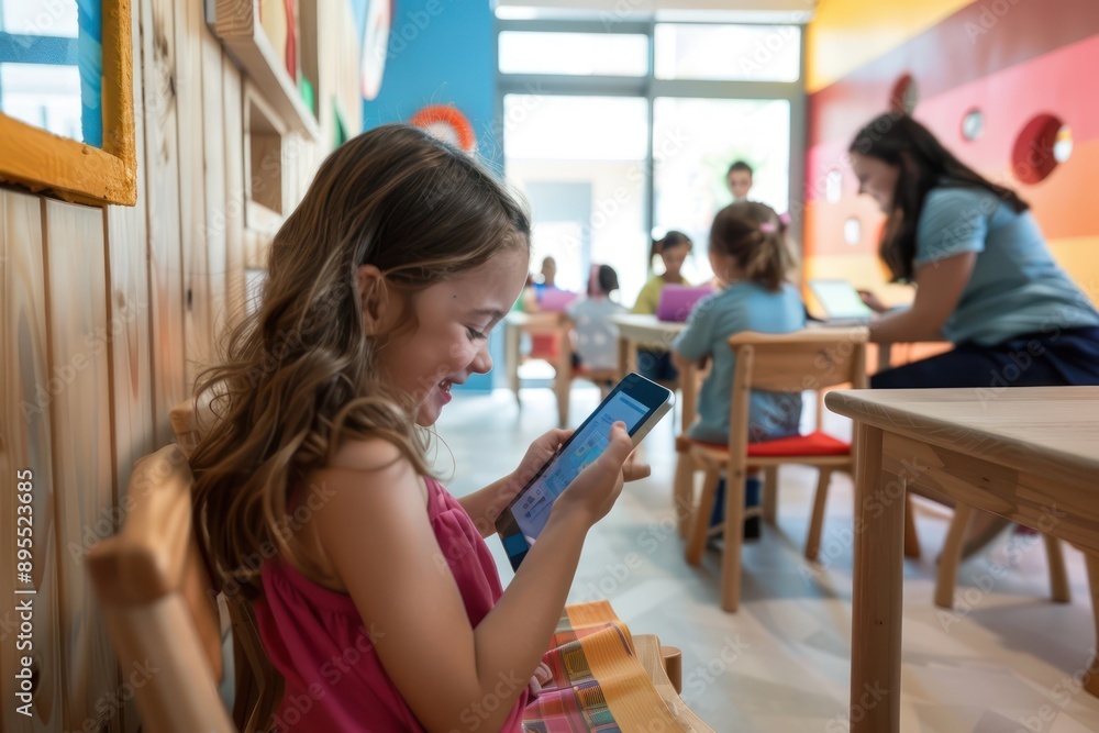 Classroom scene with a young girl using an iPad for educational games, teacher monitoring. Classroom scene with a young girl using an iPad for educational games, teacher monitoring.