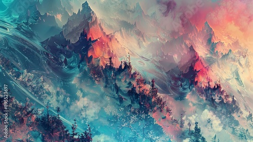 an abstract fantasy styled landscape illustration with trees on the alps, generative ai technology --ar 16:9 Job ID: 9875b85c-03cf-4ab1-8c50-85a27c7e4a5c