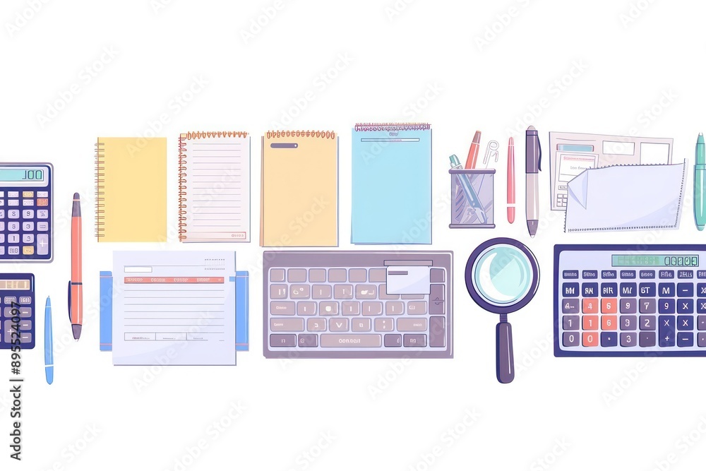 Office tools lined up for professional use in a clean vector format. Office tools lined up for professional use in a clean vector format.