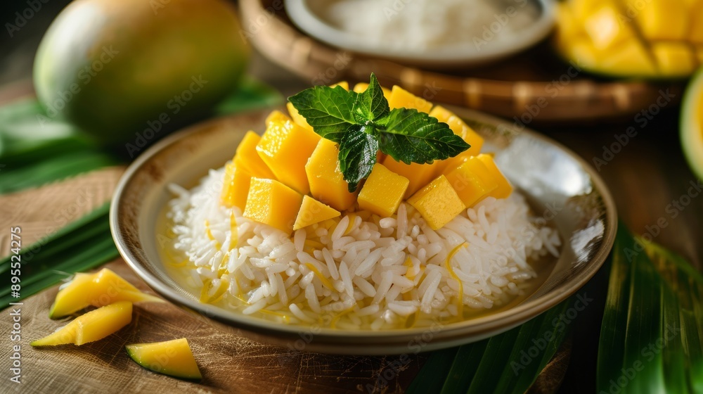The national cuisine of Thailand. Glutinous rice with mango (Khao Nyao Ma Muang). The national cuisine of Thailand. Glutinous rice with mango (Khao Nyao Ma Muang).