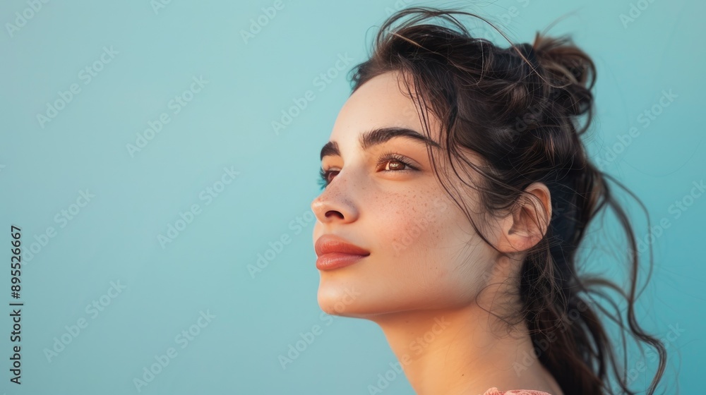 Latin girl blushes peach against a pastel blue background. Latin girl blushes peach against a pastel blue background.