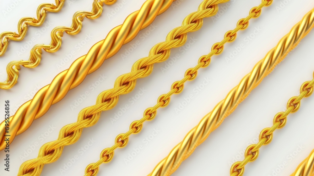 A stunning array of gold ropes, featuring both straight and twisted designs, ideal for decorative accents. A stunning array of gold ropes, featuring both straight and twisted designs, ideal for decorative accents.
