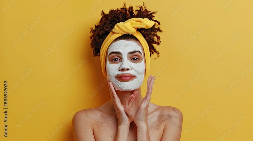 Latin girl puts on facial mask against pastel yellow background Latin girl puts on facial mask against pastel yellow background
