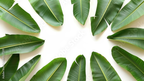 Fresh green banana leaves create a vibrant frame, perfect for plantthemed designs and backgrounds. Isolated for your needs. photo