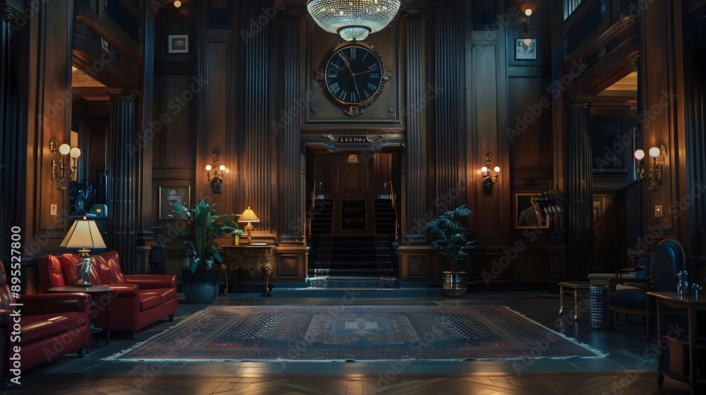 Obraz premium A luxurious, vintage interior of a grand lobby featuring elegant furnishings, rich wood paneling, and a beautiful chandelier, creating an ambiance of sophistication and opulence.