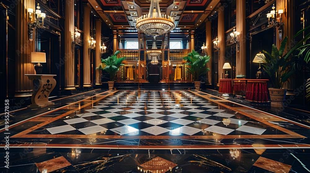 Obraz premium A luxurious, elegant lobby featuring intricate marble flooring, a stunning chandelier, and lush greenery, ideal for high-end hospitality or interior design themes.
