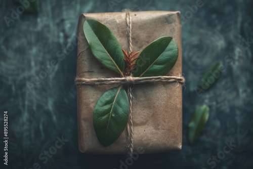 Eco-friendly gift wrapped in brown paper with green leaves decor. photo