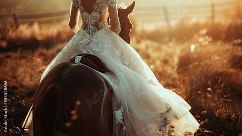 a bride on a horse and a groom  photo