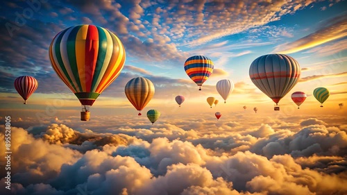 Hot Air Balloons Soaring Above the Clouds at Sunset.