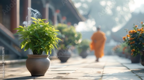 Ancient temple courtyard with holy basil, monks, and incense smoke.