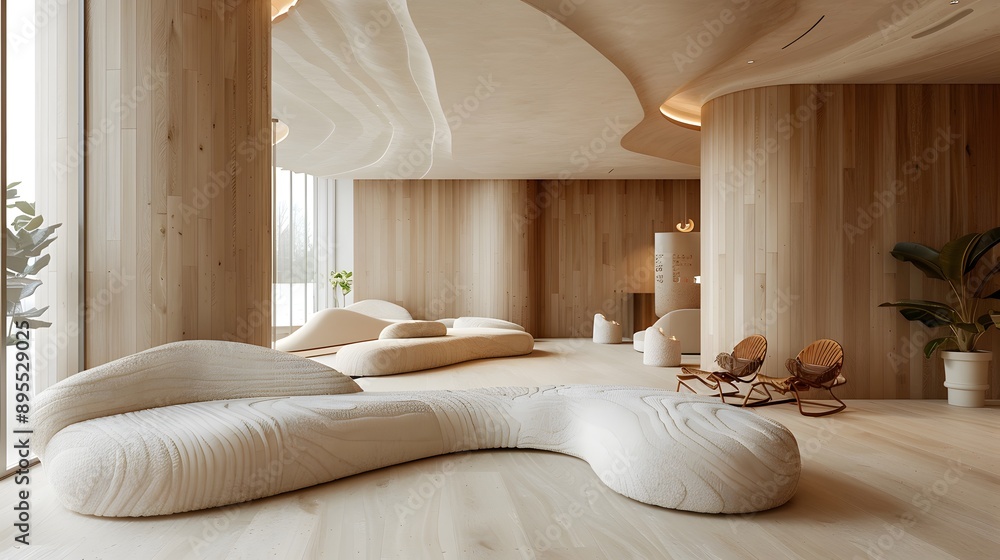 A serene and minimalist interior space featuring organic shapes and natural wooden finishes, designed for a tranquil atmosphere. A serene and minimalist interior space featuring organic shapes and natural wooden finishes, designed for a tranquil atmosphere.