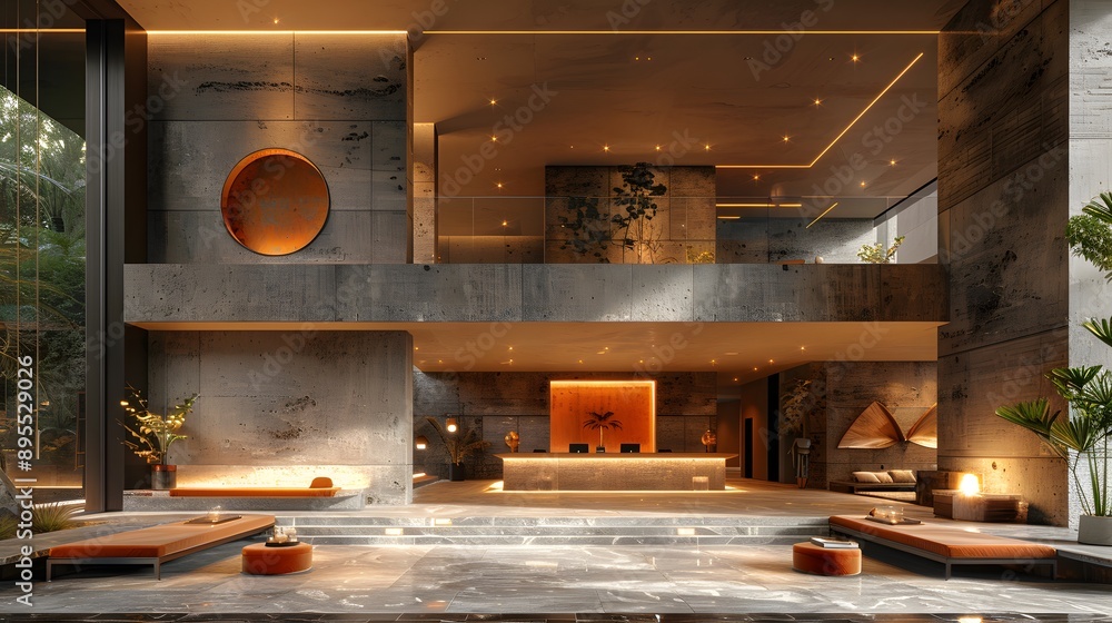 A modern hotel lobby featuring sleek concrete walls, warm lighting, and minimalist decor, creating a sophisticated and inviting atmosphere. A modern hotel lobby featuring sleek concrete walls, warm lighting, and minimalist decor, creating a sophisticated and inviting atmosphere.