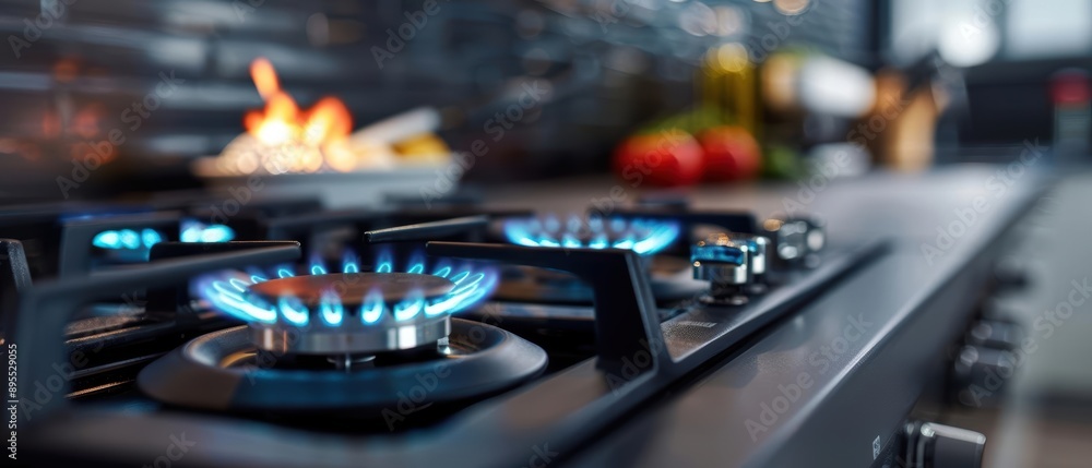 Closeup of a modern gas stovetop with blue flames burning. Closeup of a modern gas stovetop with blue flames burning.