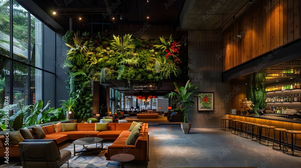 Fototapeta premium A modern and stylish hotel lobby area featuring vibrant greenery, comfortable seating, and a well-stocked bar, perfect for relaxation and social gatherings.