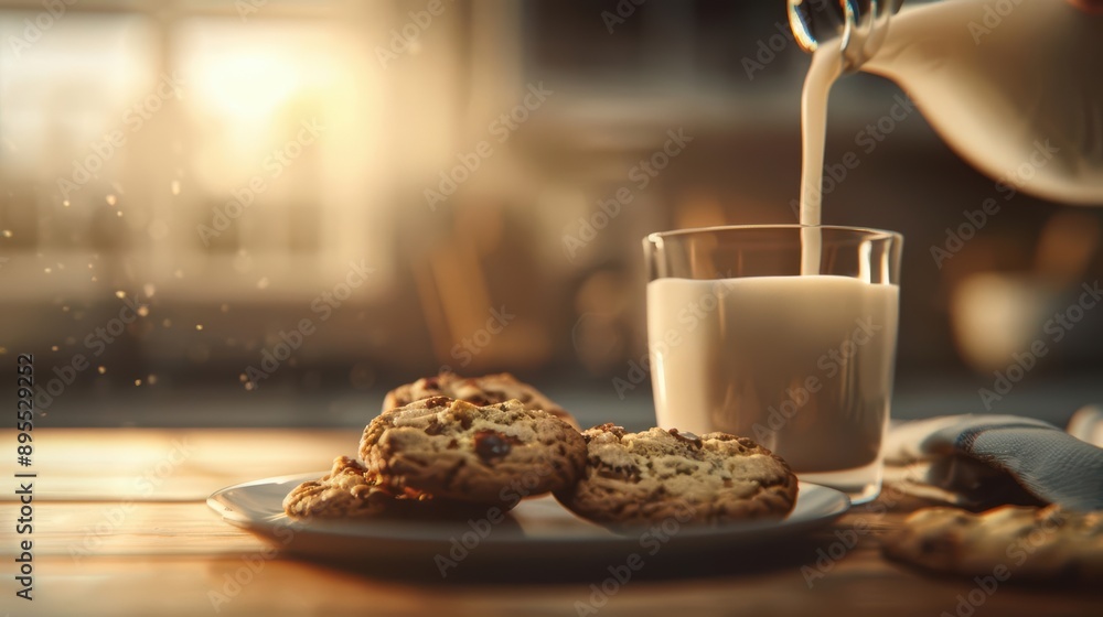 Milk being poured into a glass with cookies on a table. Milk being poured into a glass with cookies on a table.