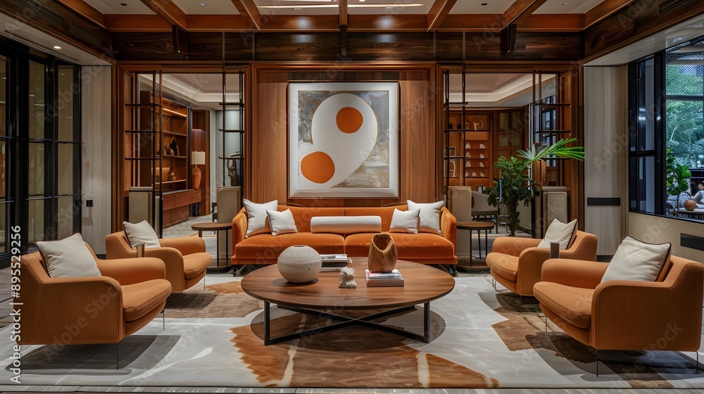 A stylish and modern living room featuring elegant orange furniture, a large artwork, and sophisticated decor. A stylish and modern living room featuring elegant orange furniture, a large artwork, and sophisticated decor.