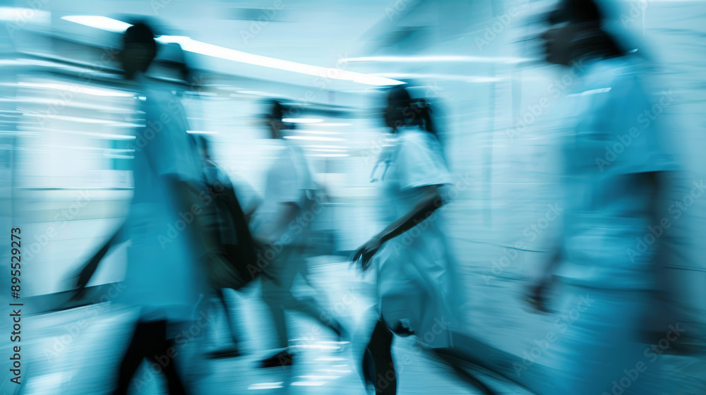 Hospital staff rush through the hallway, their faces obscured by the blur of movement. Hospital staff rush through the hallway, their faces obscured by the blur of movement.