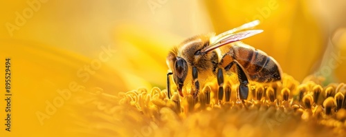 Close-up of a honey bee collecting pollen on a yellow flower.