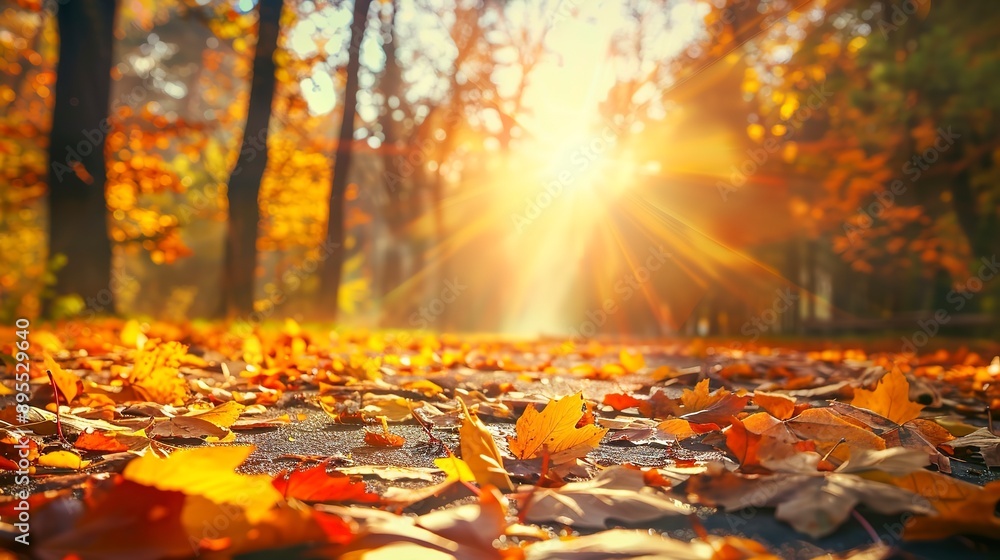 Beautiful sunny golden and yellow autumn season park path with leaves on the floor. Copy space background. Beautiful sunny golden and yellow autumn season park path with leaves on the floor. Copy space background.