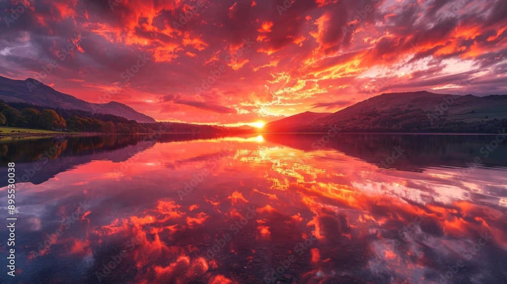 Dramatic Sunset Over Mountains Reflected in a Lake. Dramatic Sunset Over Mountains Reflected in a Lake.