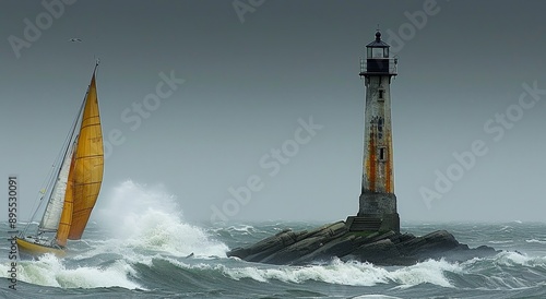 A dramatic scene of a lighthouse standing strong as waves crash against it, with a sailboat navigating the stormy seas nearby.
 photo