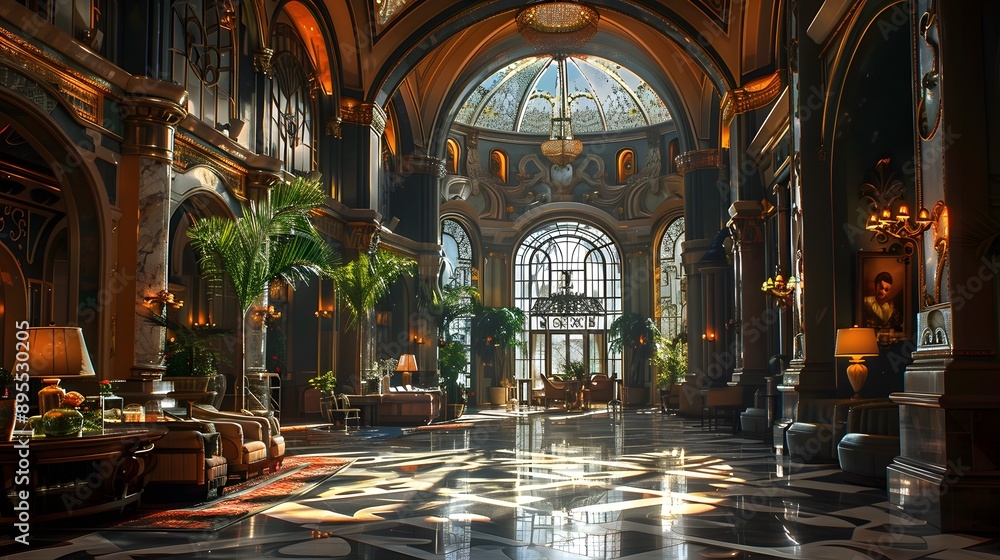 Fototapeta premium A luxurious and elegantly designed hotel lobby with ornate architecture, rich colors, and natural light illuminating the space. 