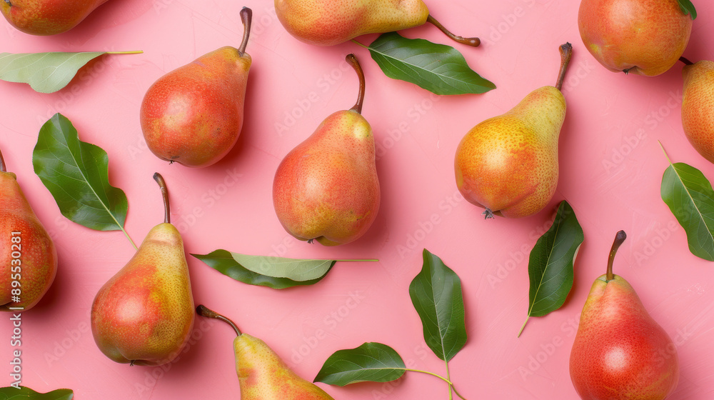 Sweet and juicy pears on a gentle pink backdrop adorned with emerald leaves. Sweet and juicy pears on a gentle pink backdrop adorned with emerald leaves.