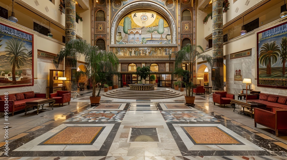 Obraz premium A beautifully designed hotel lobby featuring intricate decor, vibrant murals, and lush greenery, creating an inviting atmosphere for guests. 