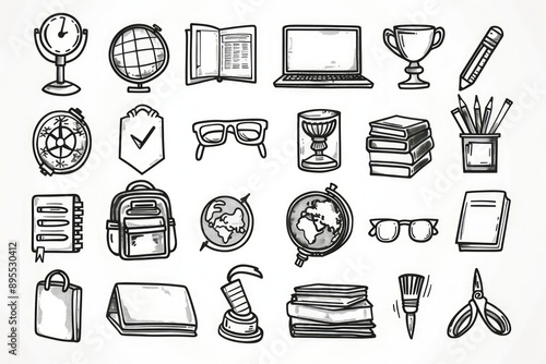 Black and white vector line art of detailed school supplies, high resolution.