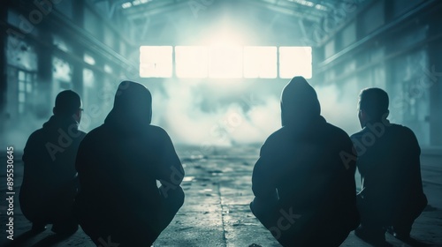 Gang members meeting in an abandoned warehouse, Felony, organized crime and secretive dealings