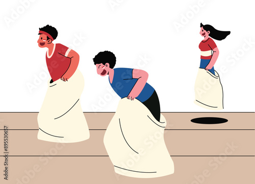 Indonesia Independence Day Concept Illustration. People Participating in Sack Race Competition Illustration