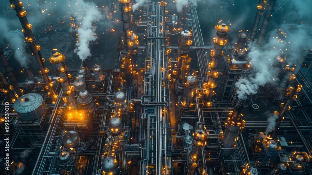 Aerial view of industrial factory at night - generative ai Aerial view of industrial factory at night - generative ai