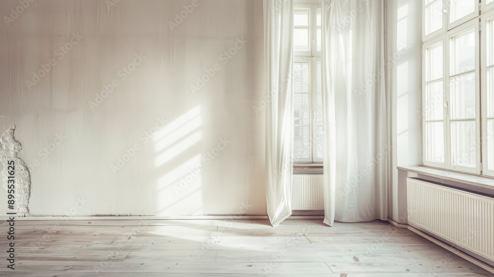Fototapeta premium Large window in an empty room bathed with natural lighting in neutral colors. Luxury property interiors with copy space.