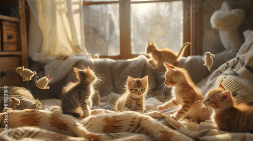 Adorable Kittens at Play in a Sunlit Room, Innocently Frolicking on a Plush Blanket photo