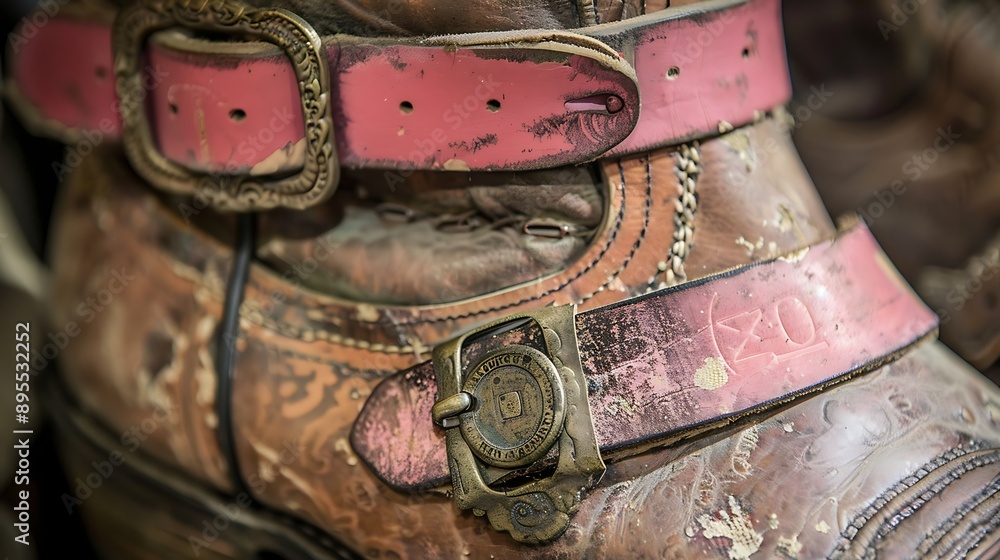 An antique boot with a pink leather belt and a brown metal buckle An antique boot with a pink leather belt and a brown metal buckle