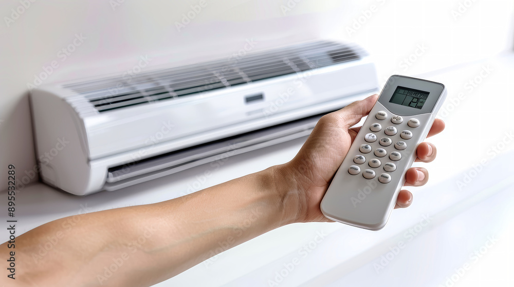 A hand holds the remote control for an air conditioner, adjusting the temperature and fan settings. The split system unit is visible in the background, ready to cool the room A hand holds the remote control for an air conditioner, adjusting the temperature and fan settings. The split system unit is visible in the background, ready to cool the room