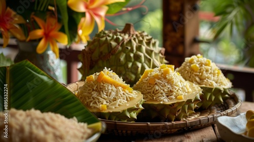 The national cuisine of Thailand. Jackfruit with sticky rice (Khao Niew Kanun, Ta Go Ka Noon). photo