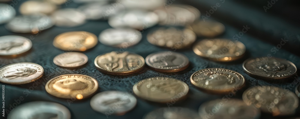 Close up of a collection of old coins scattered on a dark surface. Close up of a collection of old coins scattered on a dark surface.