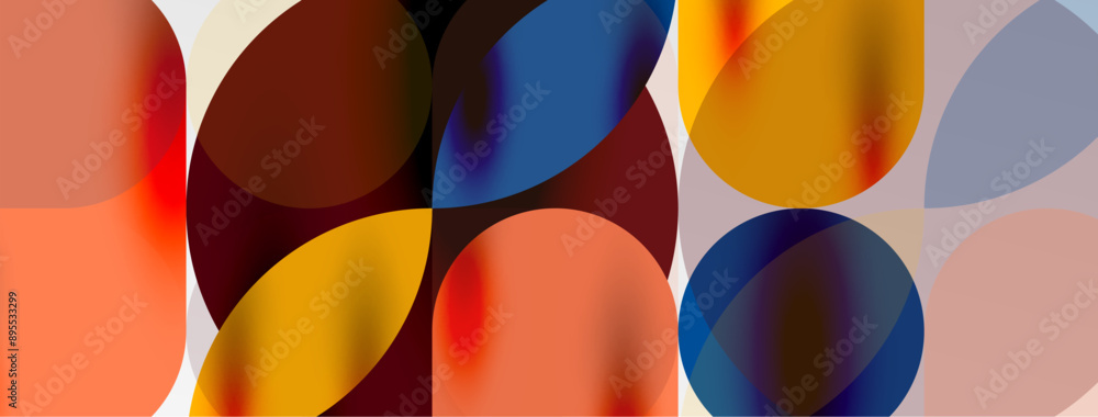Mosaic geometric elements. Colorful circles, round geometric shapes and lines with shadow 3d effects. Simple forms abstract background for wallpaper, banner, template or landing Mosaic geometric elements. Colorful circles, round geometric shapes and lines with shadow 3d effects. Simple forms abstract background for wallpaper, banner, template or landing