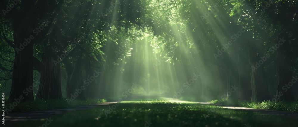 Obraz premium Sunbeams illuminate a path through a dense forest.