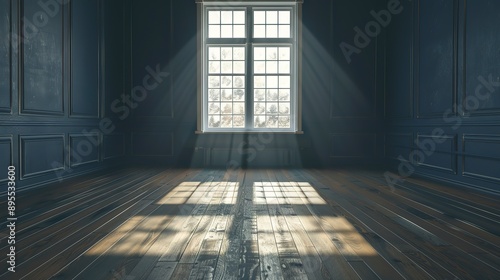 Wallpaper Mural An empty room with dark blue walls and wooden floors and sunlight coming in from the window.  Torontodigital.ca