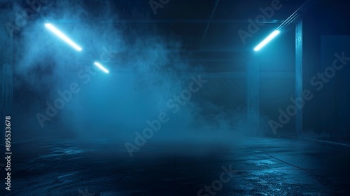 A dark empty street, dark blue background, an empty dark scene, neon light, spotlights The asphalt floor and studio room with smoke float up the interior texture. night view